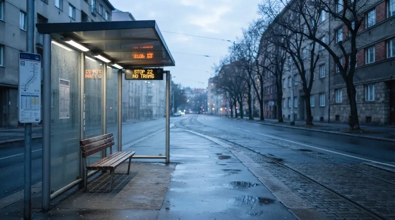 Pusta wiata przystanku tramwajowego na miejskiej ulicy o świcie, pusta ławka i mokry chodnik.