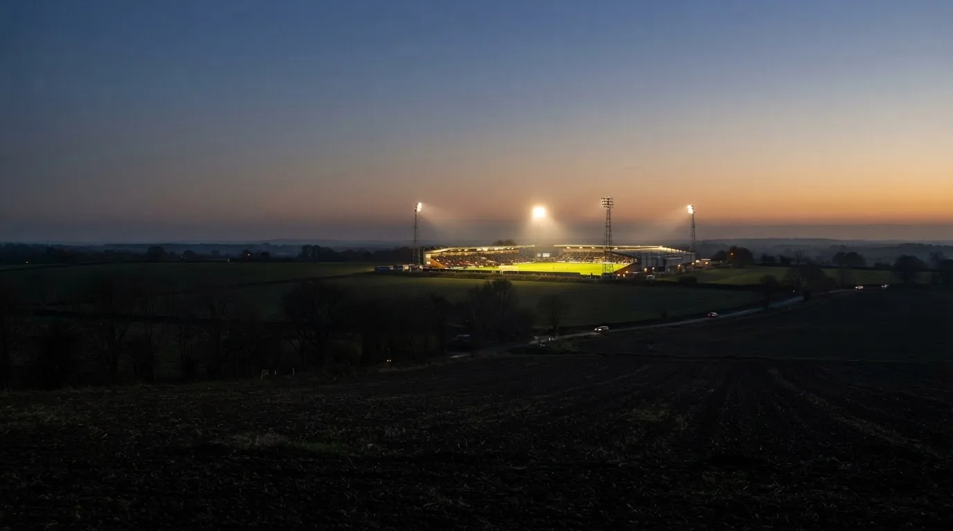 Stadion rozświetlony reflektorami widziany z daleka znad ciemnych pól w pogodny wieczór.