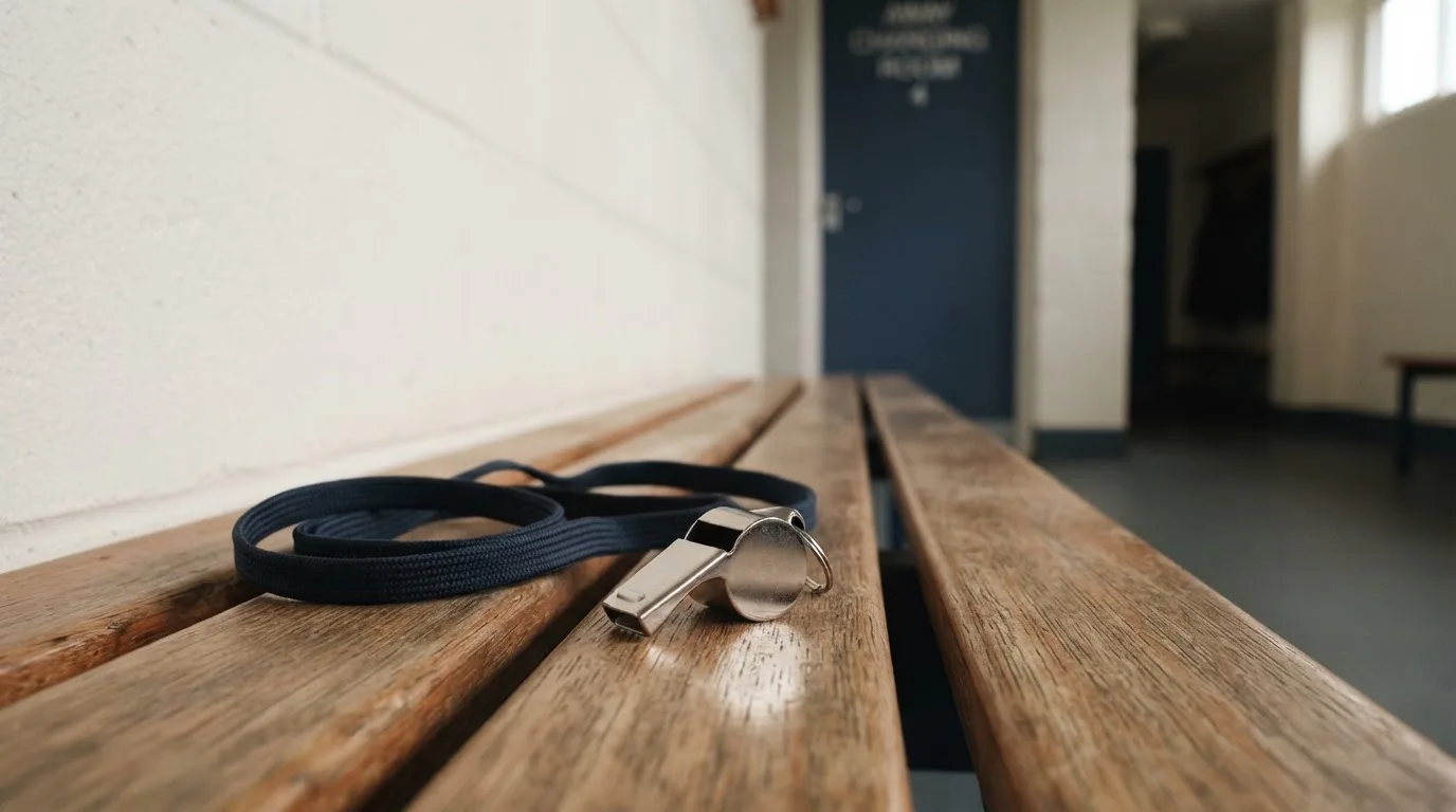 Gwizdek sędziowski na smyczy leży na drewnianej ławce w korytarzu przy szatniach.