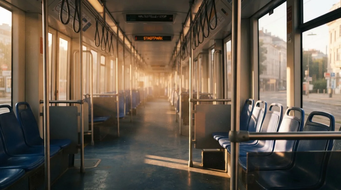 Wnętrze pustego tramwaju z rzędami siedzeń i poręczą w porannym świetle.