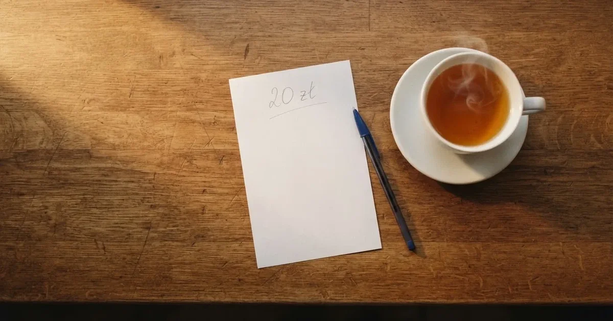 Pusty papierowy kupon leży na drewnianym blacie obok długopisu i filiżanki herbaty, widok z góry.