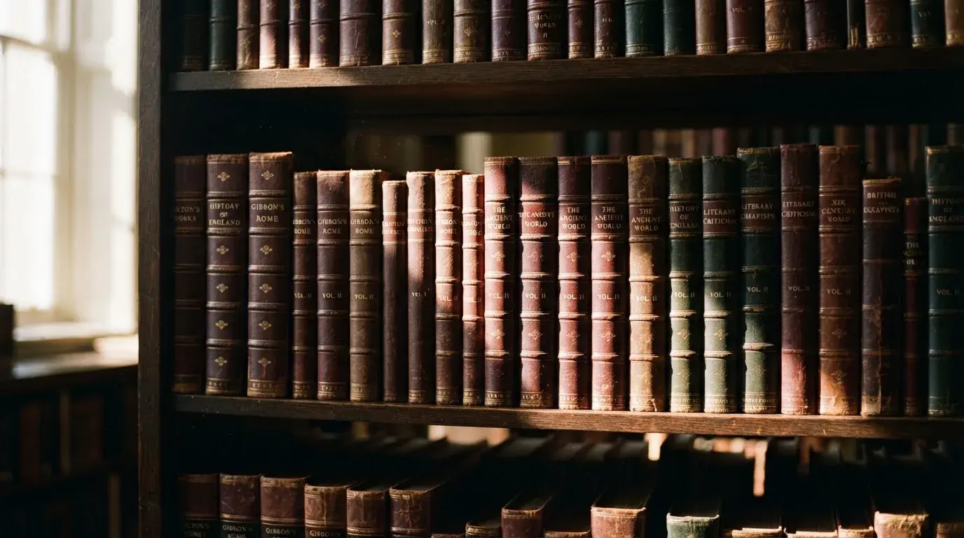 Regał z zamkniętymi książkami w skórzanych oprawach w cichej bibliotece, światło pada z boku.