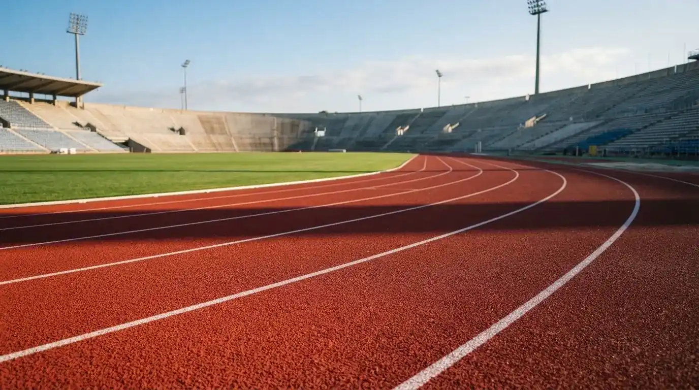 Bieżnia lekkoatletyczna wygięta w łuk pustego stadionu w porannym słońcu.