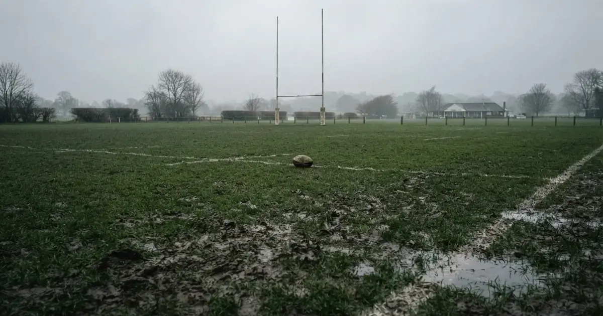 Boisko do rugby ze słupami bramki w oddali pod pochmurnym niebem, mokra trawa i ślady butów.