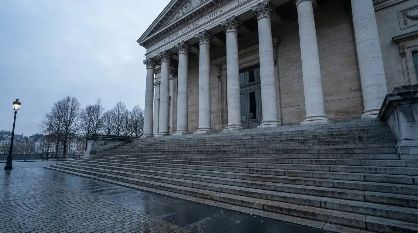Kamienne kolumny i szerokie schody budynku w szarym świetle poranka, na stopniach nie ma nikogo.