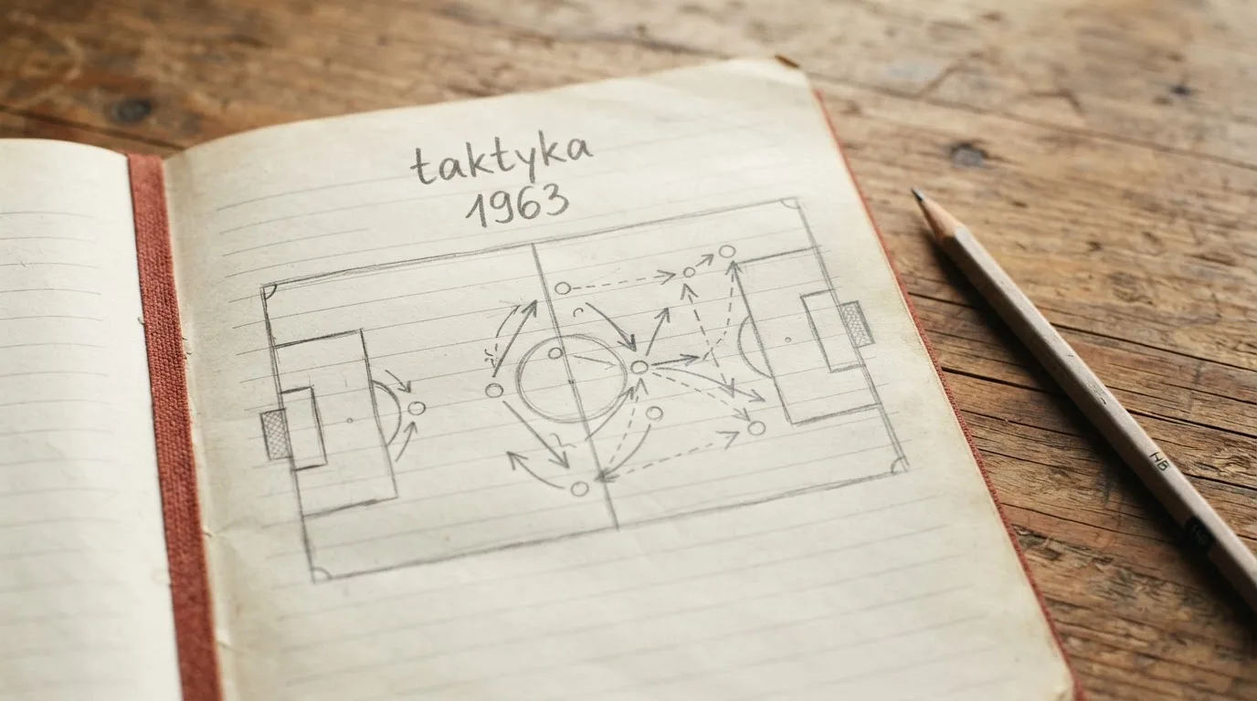 Notes z odręcznym szkicem boiska i strzałkami leżący obok ołówka na drewnianym stole.