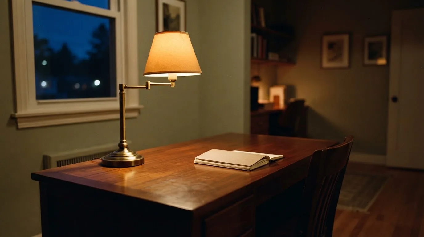 Lampa biurkowa świecąca na pustym drewnianym biurku w cichym gabinecie wieczorem, obok puste krzesło.
