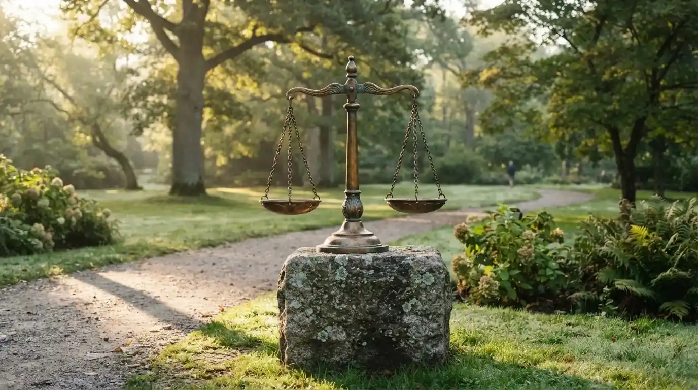 Rzeźba w brązie przedstawiająca wagę szalkową na kamiennym cokole w parku, poranne światło.