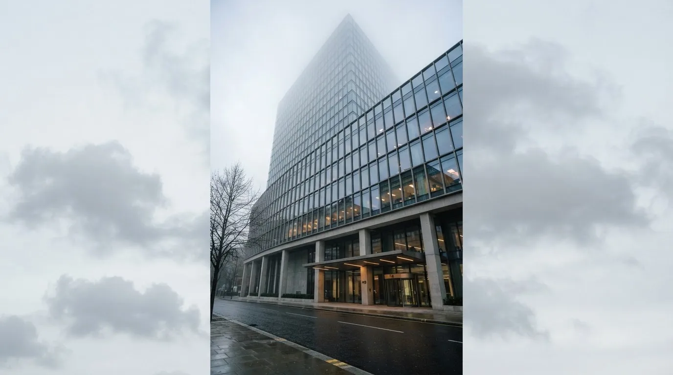 Szklany budynek biurowy w mglisty poranek widziany z ulicy, w oknach odbijają się chmury.