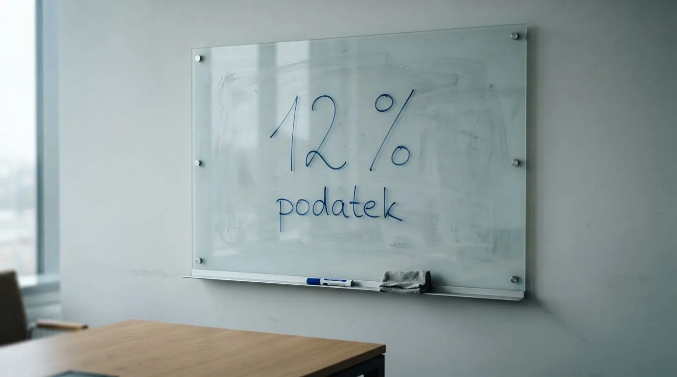 Szklana tablica suchościeralna w pustej sali konferencyjnej, lekko zakurzona, obok leży niebieski pisak.