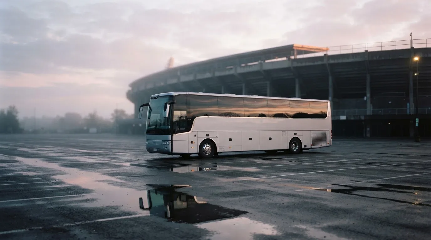 Autokar stoi na parkingu przed stadionem o świcie, rozmyte kontury trybun w tle, pusty plac i mokry asfalt.